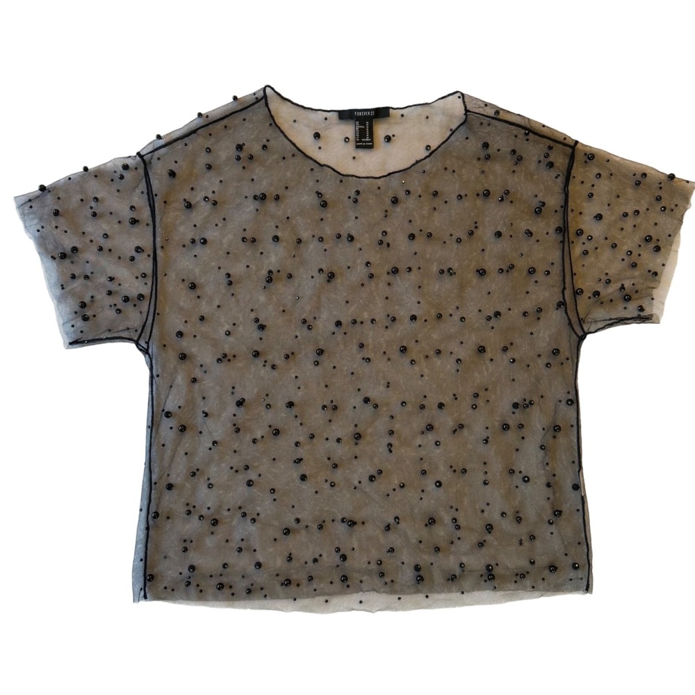Forever 21 Mesh Top Women's M Black Sheer Faux Pearl Studded Short Sleeve